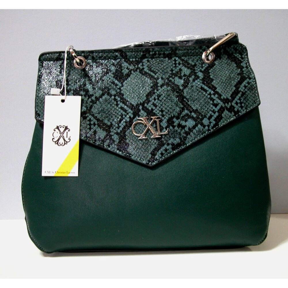 Christian Lacroix Green Faux Leather Shoulder Bag With Snake Print Flap & Adjust